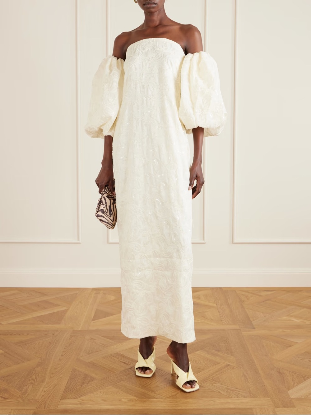 DIMA AYAD Off-the-shoulder embellished embroidered woven gown